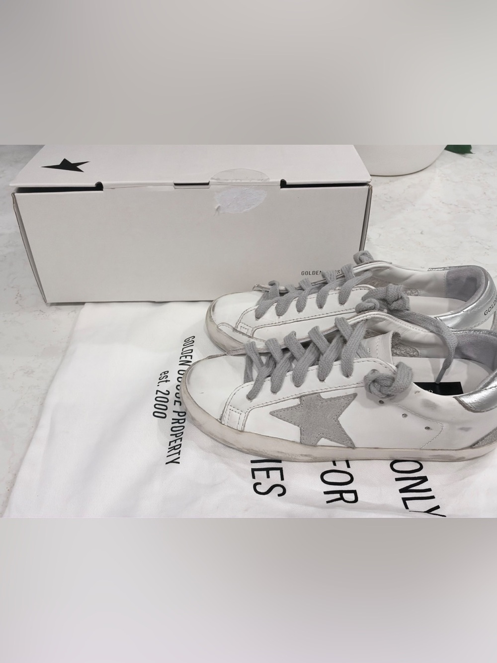 Golden Goose White Leather Sneakers with Light Gray Star and Laces